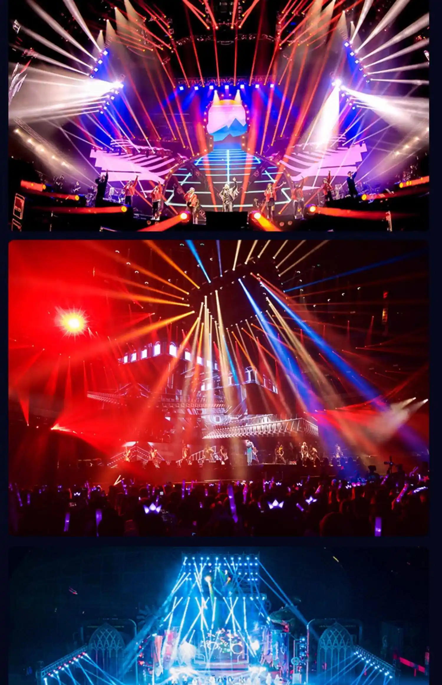 Vue d'ensemble d'une installation scénique complexe avec une console DMX connectée à un switch réseau et à des projecteurs.